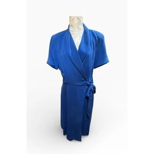 Vintage Sz 10 Midi Blue Silk Wrap Dress Shoulder Pads Career Short Slv Wedding